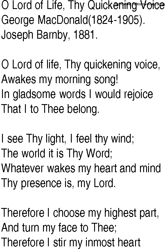 Hymn and Gospel Song: O Lord of Life, Thy Quickening Voice by George MacDonald lyrics