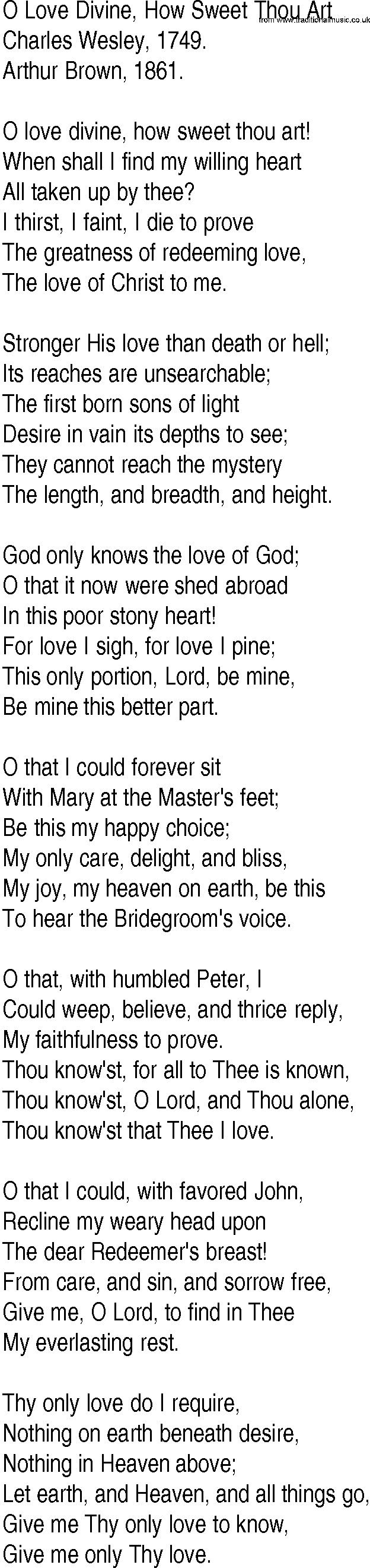 Hymn and Gospel Song: O Love Divine, How Sweet Thou Art by Charles Wesley lyrics