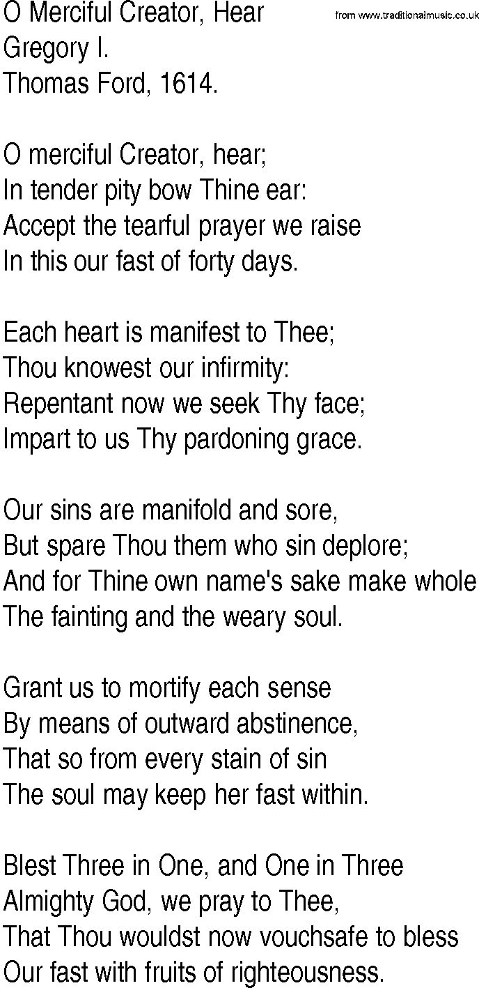 Hymn and Gospel Song: O Merciful Creator, Hear by Gregory I lyrics