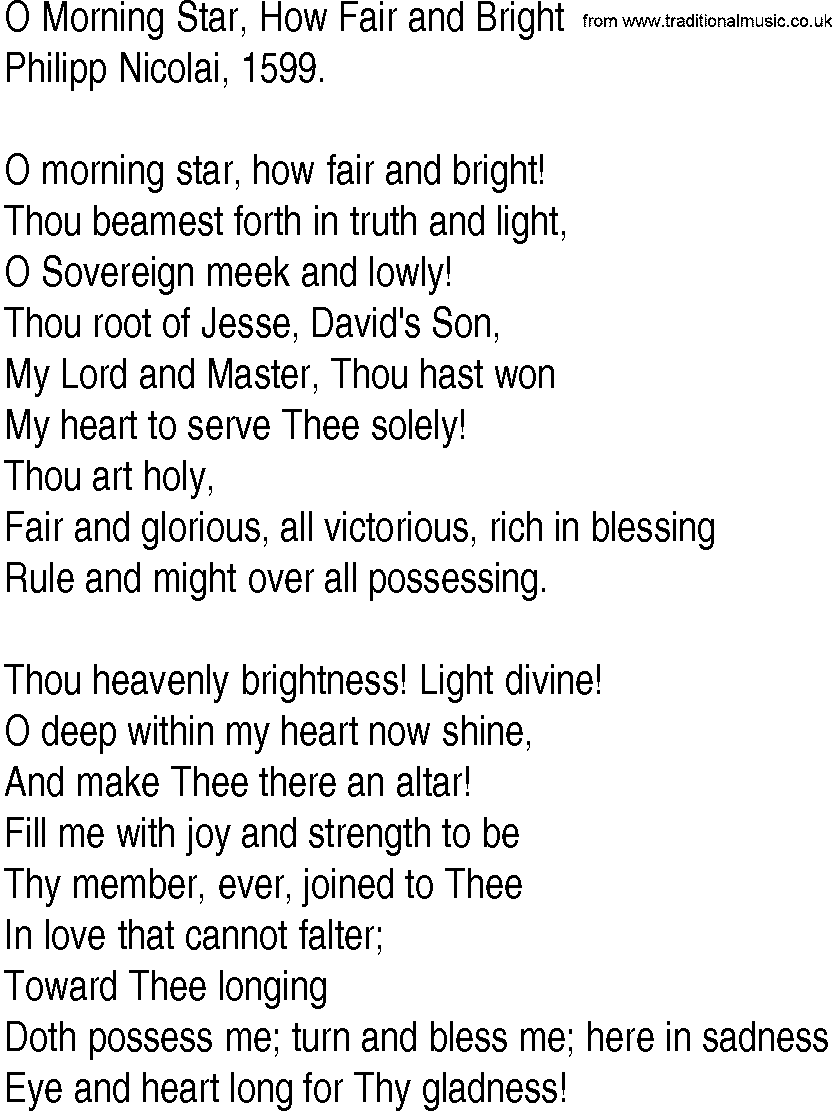 Hymn and Gospel Song: O Morning Star, How Fair and Bright by Philipp Nicolai lyrics