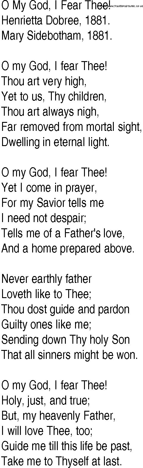 Hymn and Gospel Song: O My God, I Fear Thee! by Henrietta Dobree lyrics