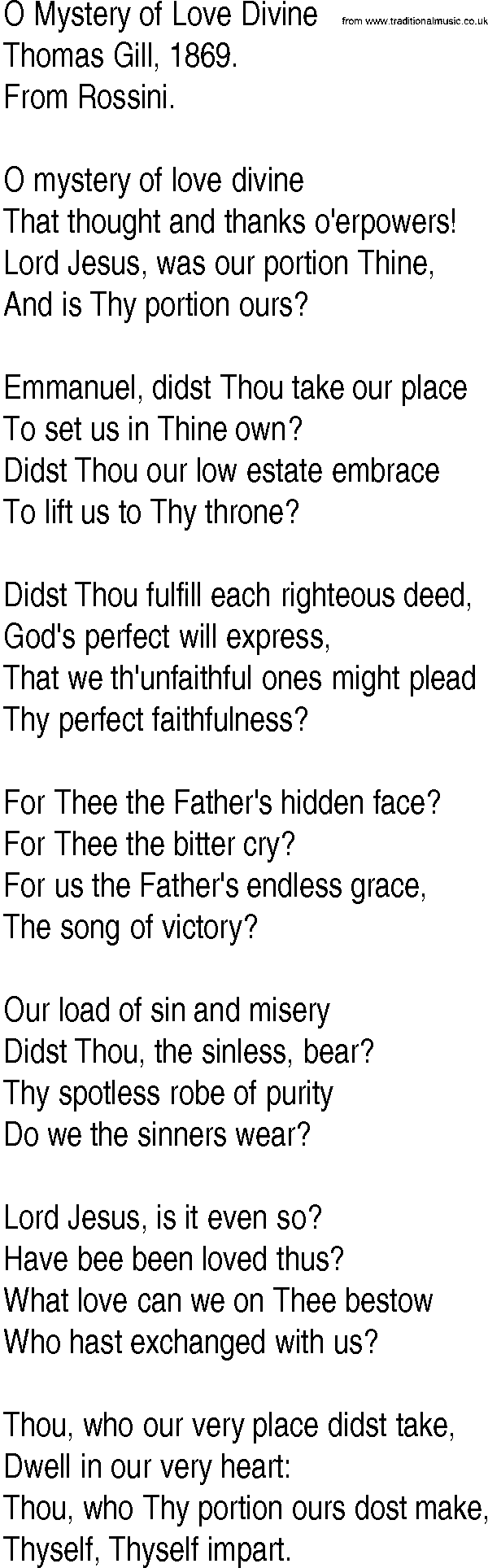 Hymn and Gospel Song: O Mystery of Love Divine by Thomas Gill lyrics