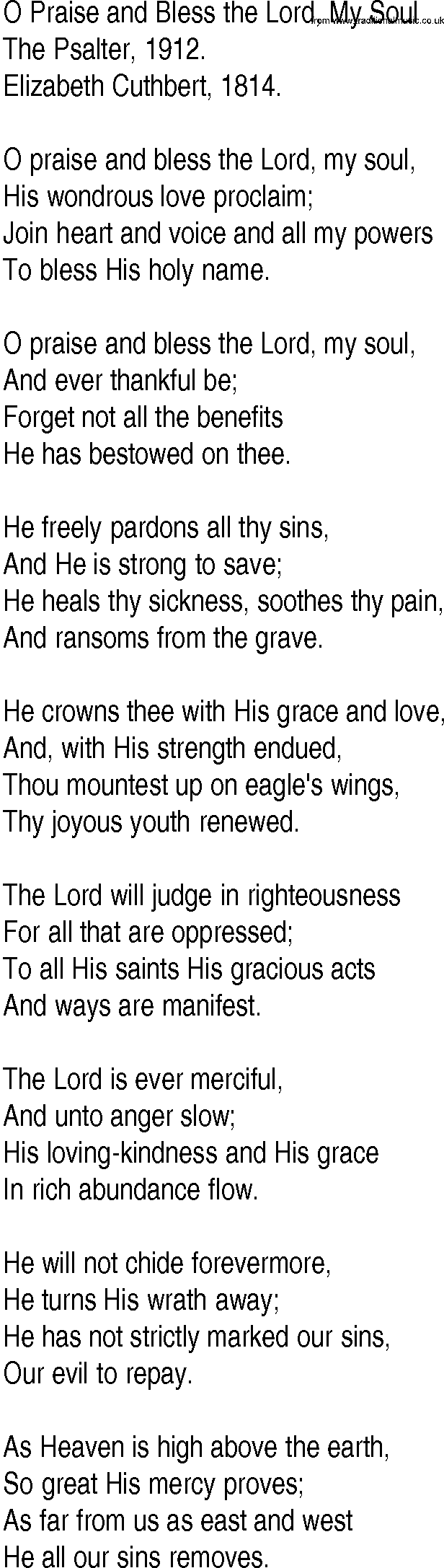 Hymn and Gospel Song: O Praise and Bless the Lord, My Soul by The Psalter lyrics