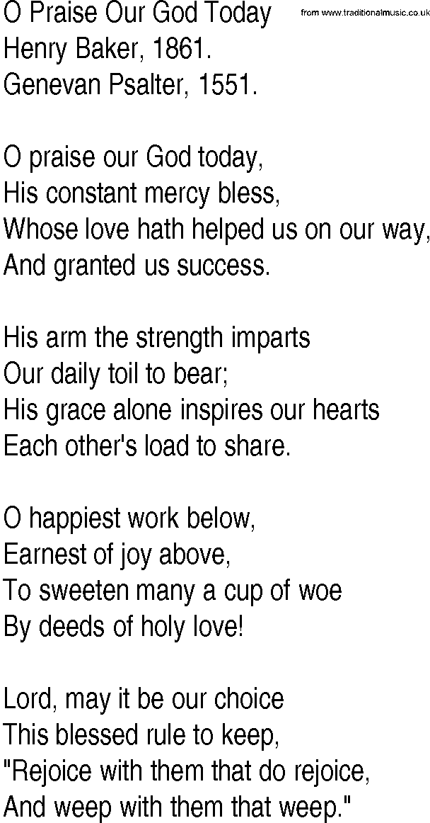 Hymn and Gospel Song: O Praise Our God Today by Henry Baker lyrics