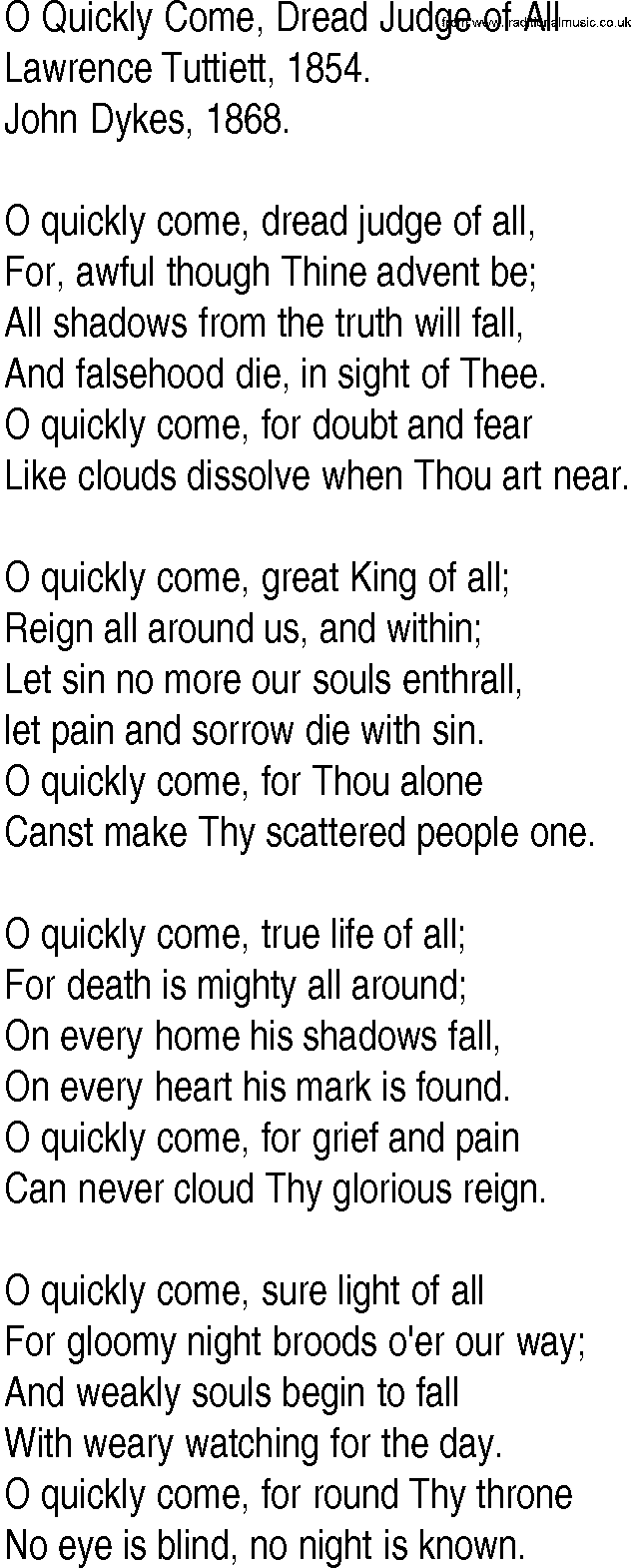 Hymn and Gospel Song: O Quickly Come, Dread Judge of All by Lawrence Tuttiett lyrics