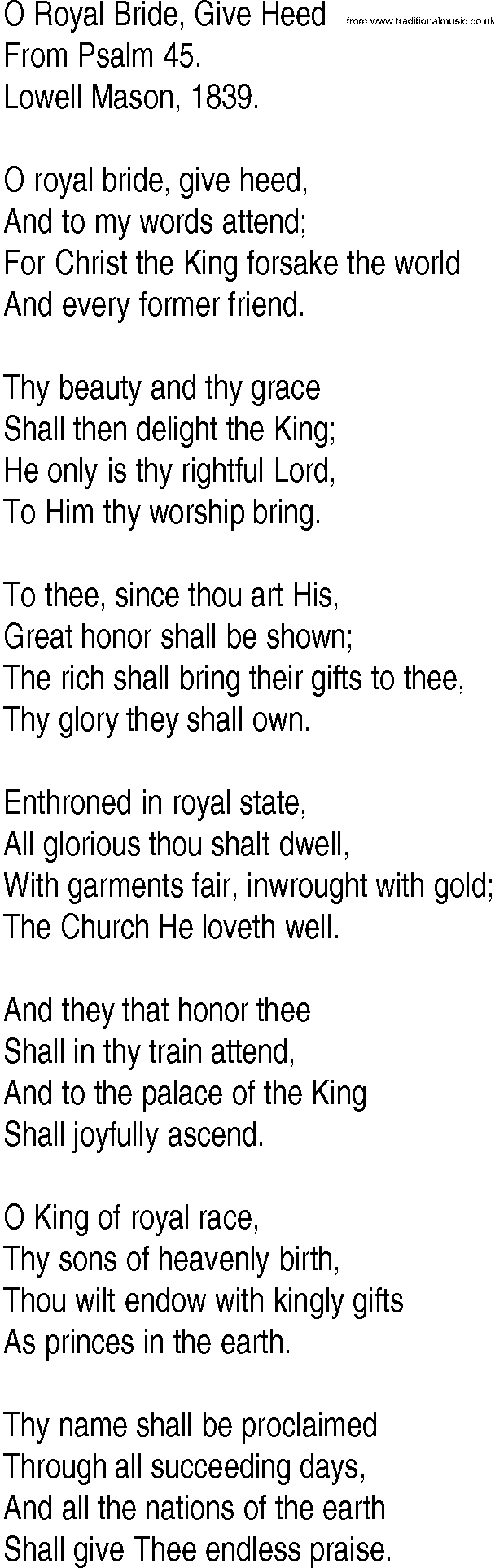 Hymn and Gospel Song: O Royal Bride, Give Heed by From Psalm lyrics