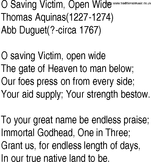 Hymn and Gospel Song: O Saving Victim, Open Wide by Thomas Aquinas lyrics