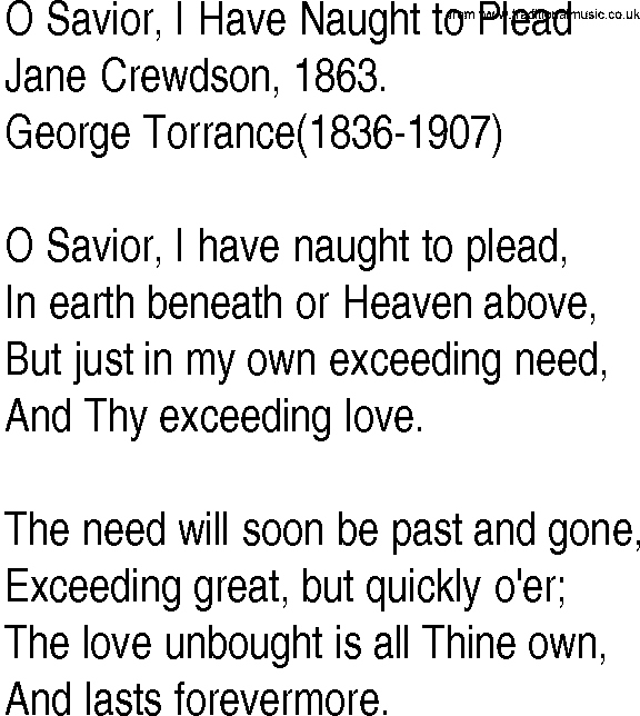 Hymn and Gospel Song: O Savior, I Have Naught to Plead by Jane Crewdson lyrics