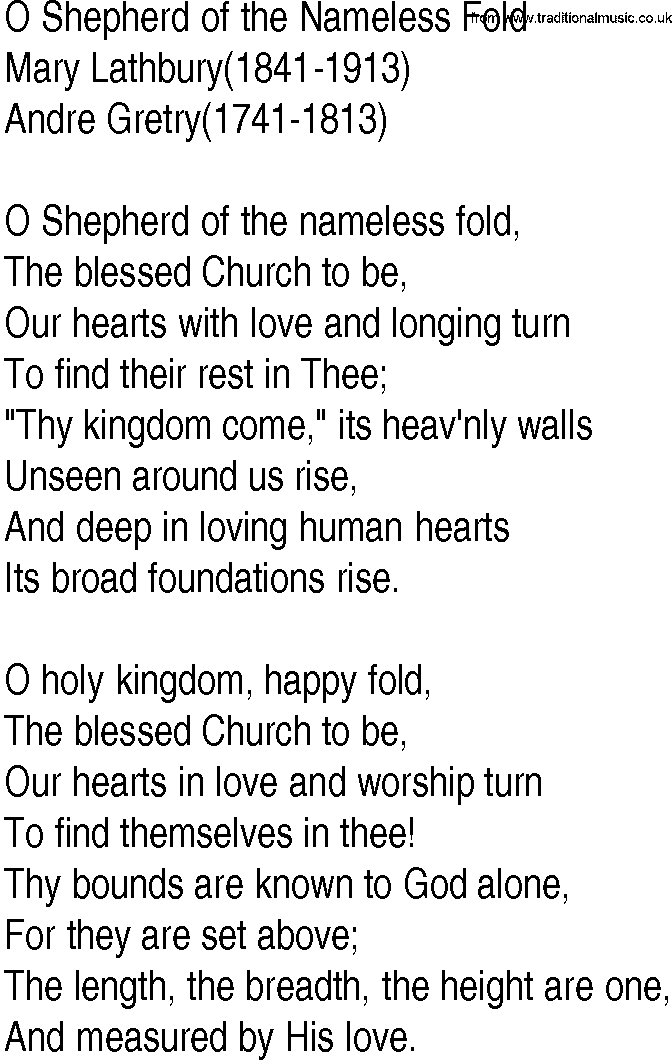 Hymn and Gospel Song: O Shepherd of the Nameless Fold by Mary Lathbury lyrics