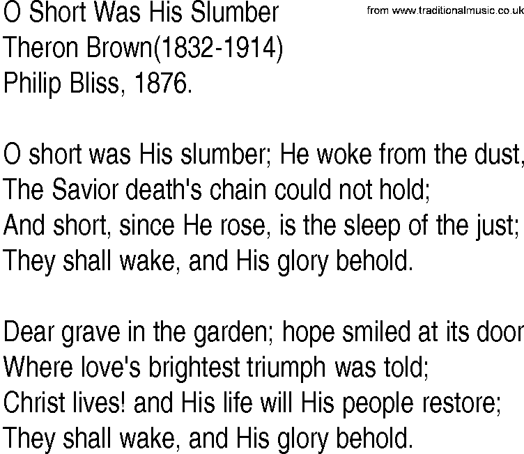 Hymn and Gospel Song: O Short Was His Slumber by Theron Brown lyrics