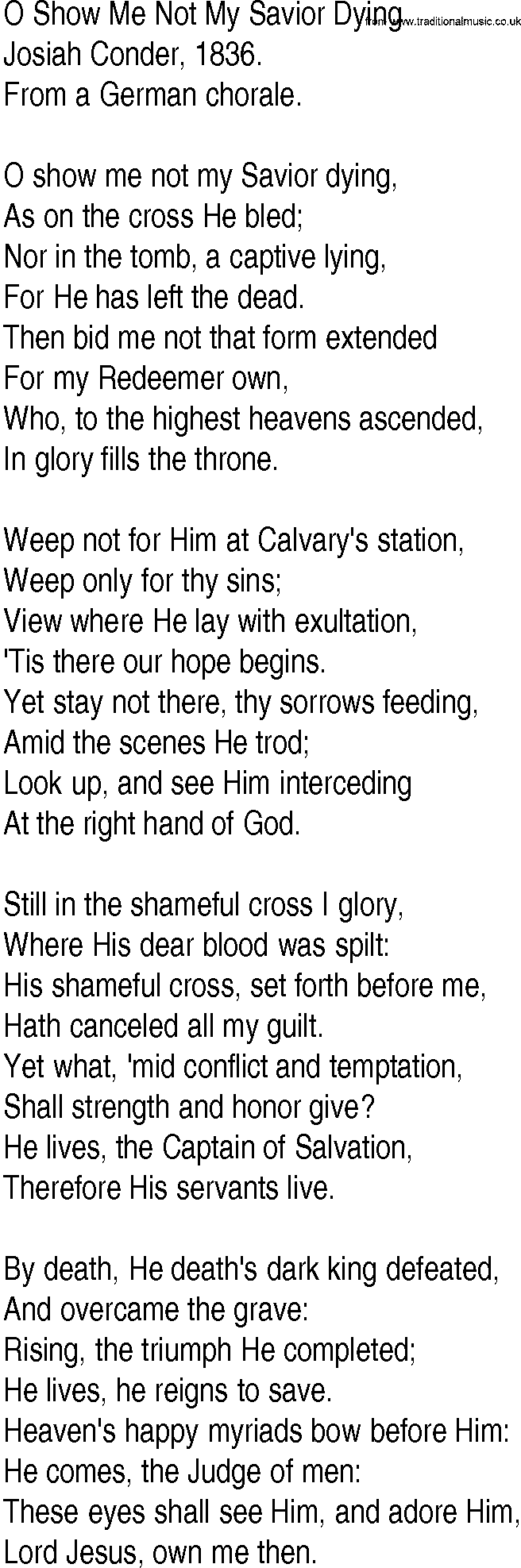 Hymn and Gospel Song: O Show Me Not My Savior Dying by Josiah Conder lyrics