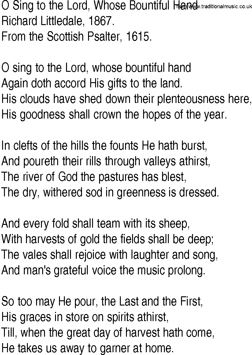 Hymn and Gospel Song: O Sing to the Lord, Whose Bountiful Hand by Richard Littledale lyrics