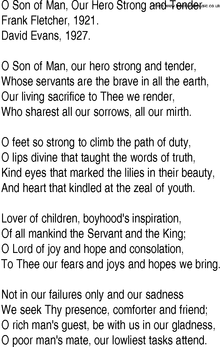 Hymn and Gospel Song: O Son of Man, Our Hero Strong and Tender by Frank Fletcher lyrics