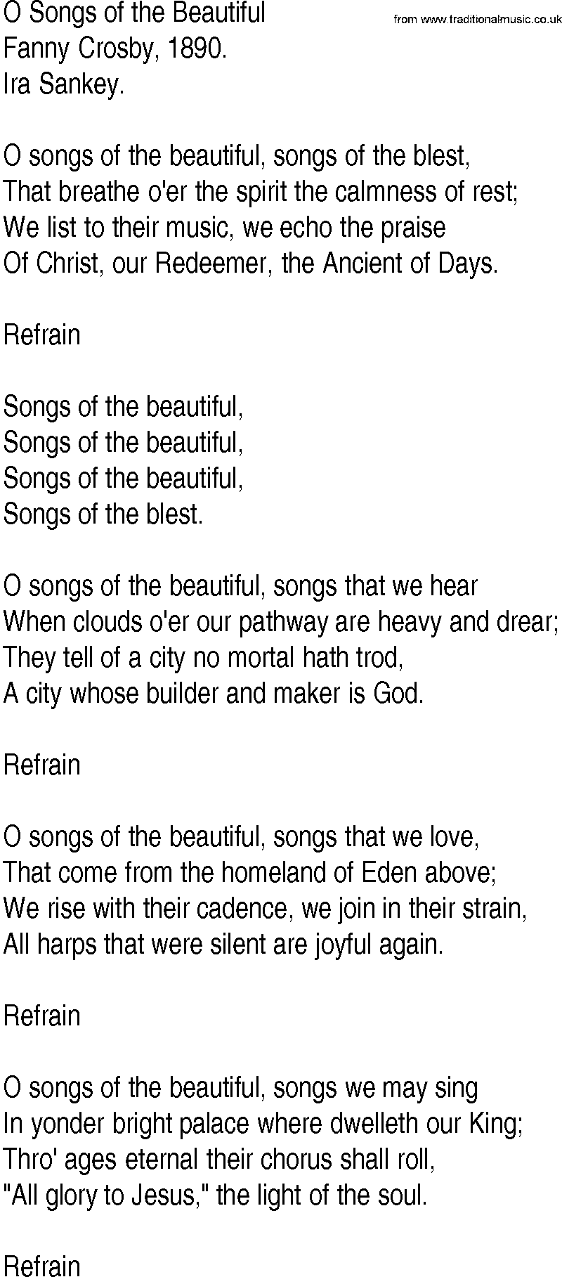 Hymn and Gospel Song: O Songs of the Beautiful by Fanny Crosby lyrics