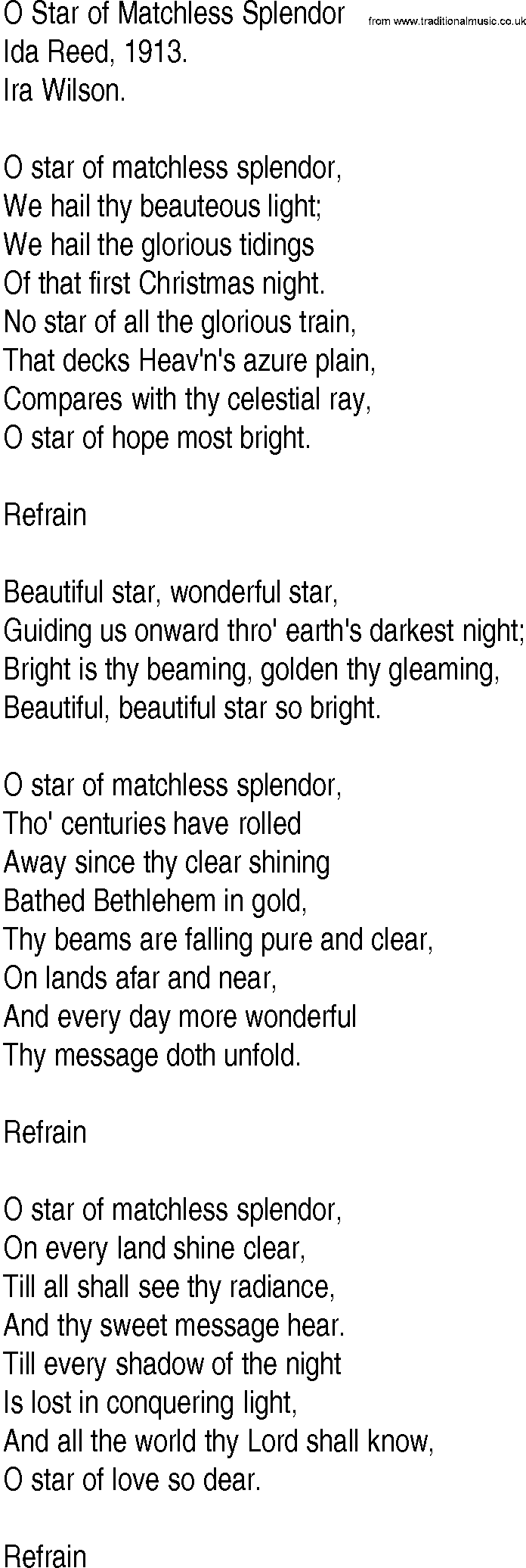 Hymn and Gospel Song: O Star of Matchless Splendor by Ida Reed lyrics