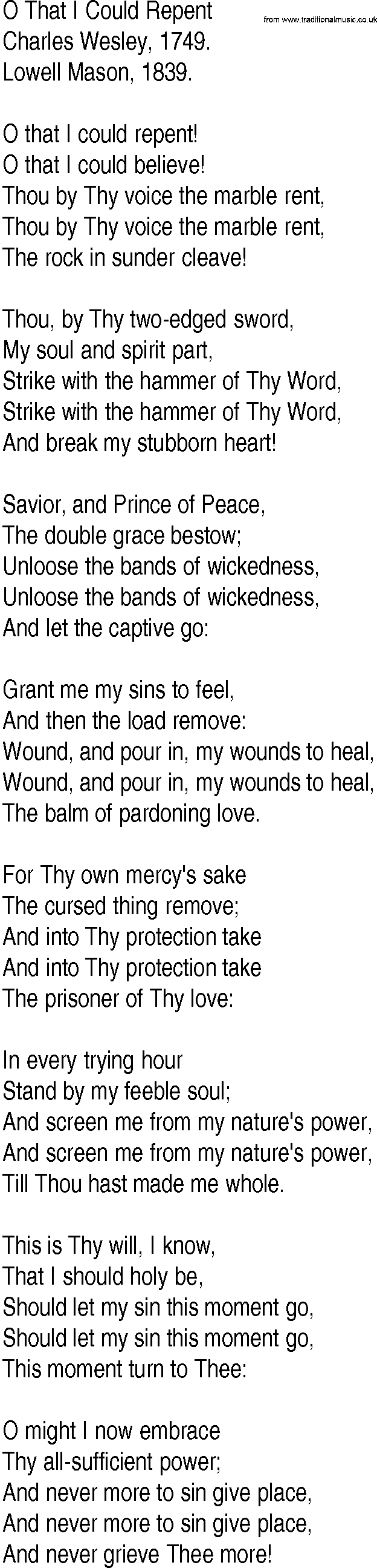 Hymn and Gospel Song: O That I Could Repent by Charles Wesley lyrics