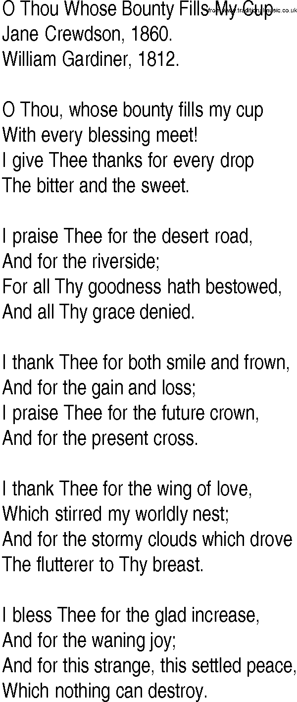 Hymn and Gospel Song: O Thou Whose Bounty Fills My Cup by Jane Crewdson lyrics