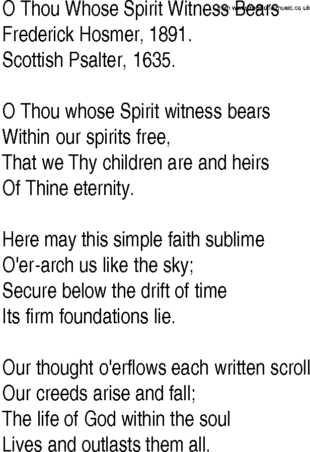 Hymn and Gospel Song: O Thou Whose Spirit Witness Bears by Frederick Hosmer lyrics