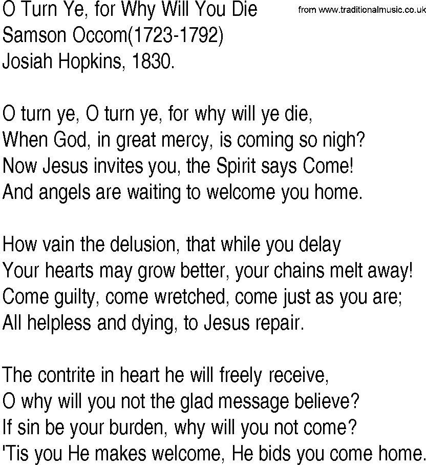 Hymn and Gospel Song: O Turn Ye, for Why Will You Die by Samson Occom lyrics