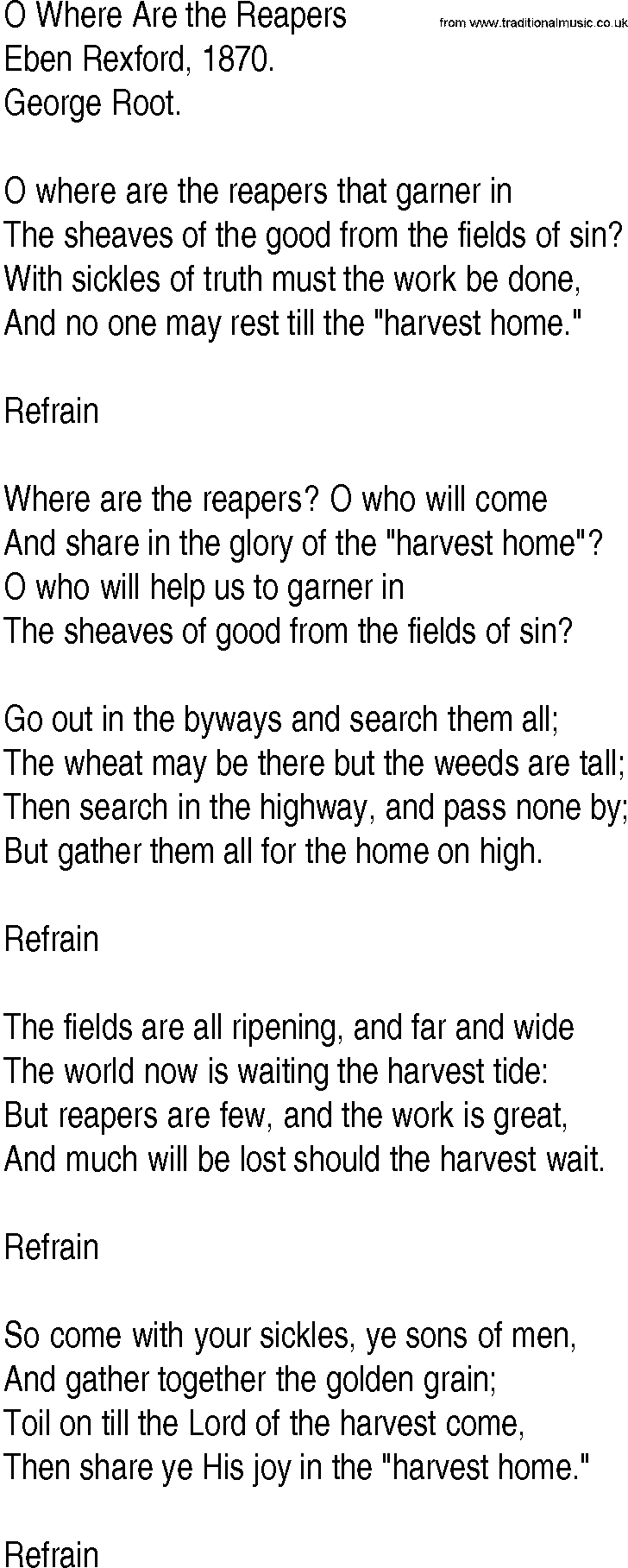 Hymn and Gospel Song: O Where Are the Reapers by Eben Rexford lyrics