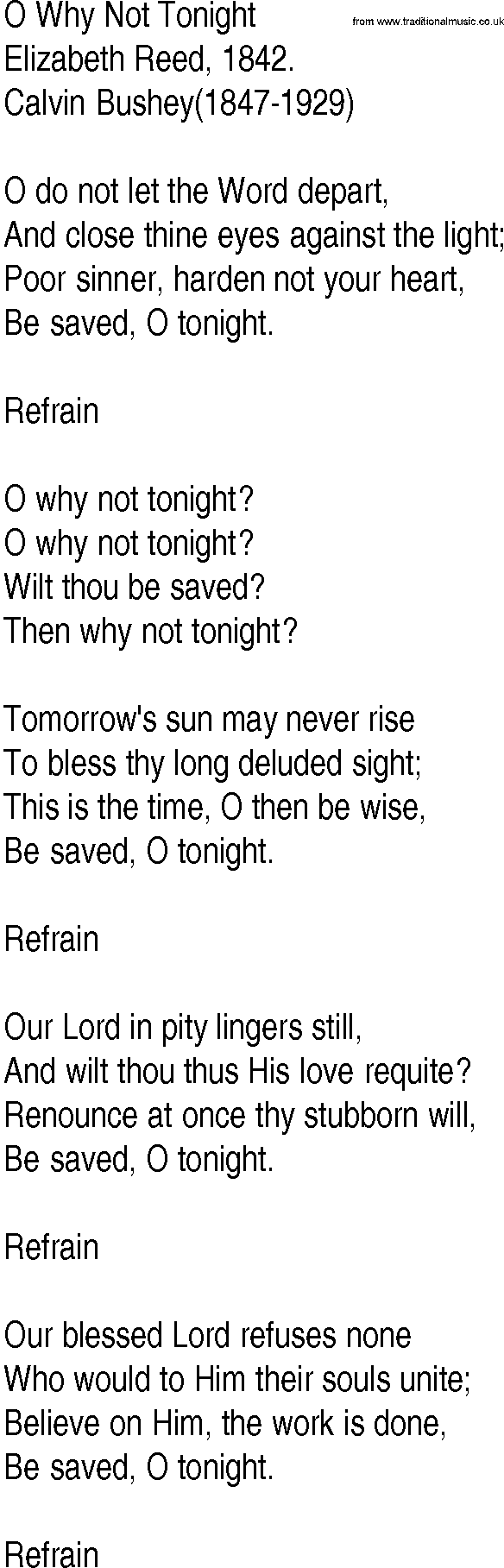 Hymn and Gospel Song: O Why Not Tonight by Elizabeth Reed lyrics