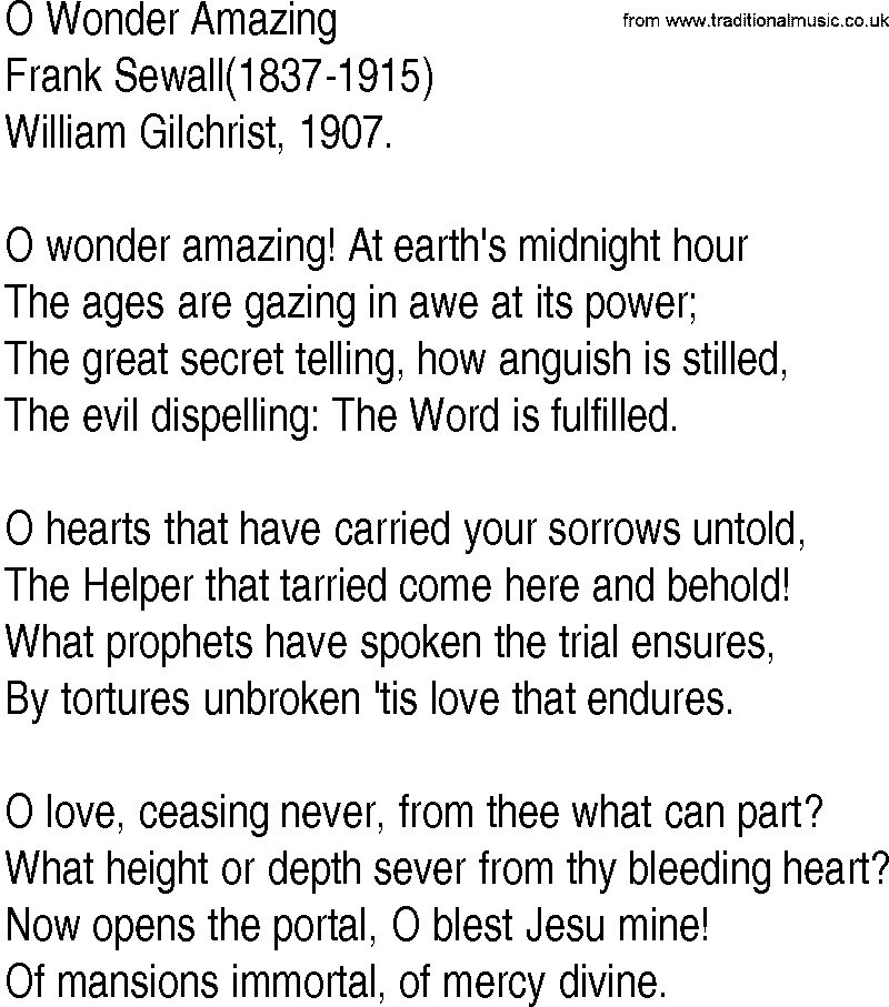 Hymn and Gospel Song: O Wonder Amazing by Frank Sewall lyrics