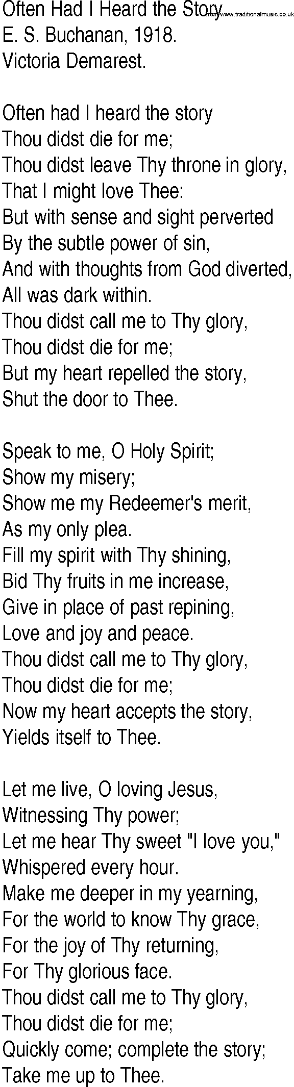 Hymn and Gospel Song: Often Had I Heard the Story by E S Buchanan lyrics