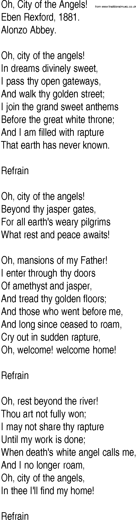 Hymn and Gospel Song: Oh, City of the Angels! by Eben Rexford lyrics
