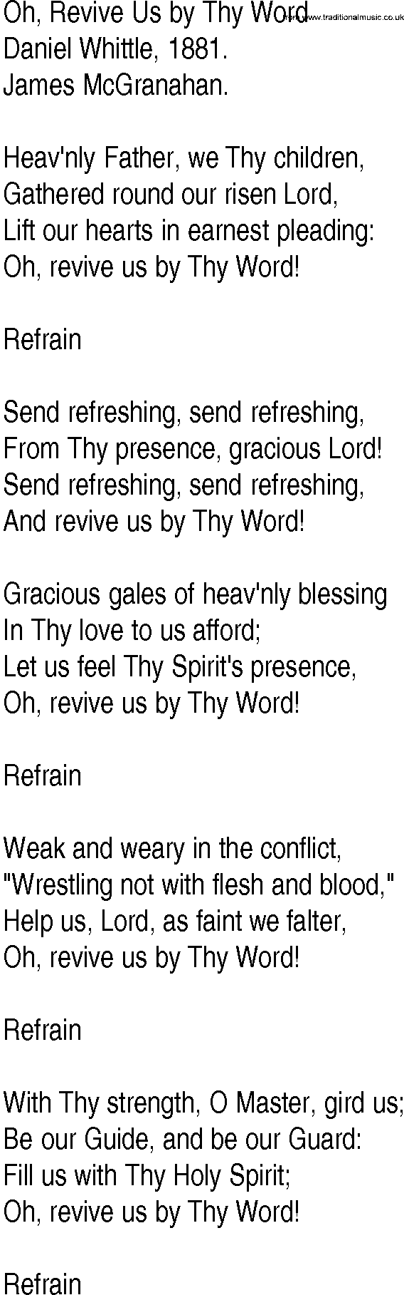 Hymn and Gospel Song: Oh, Revive Us by Thy Word by Daniel Whittle lyrics