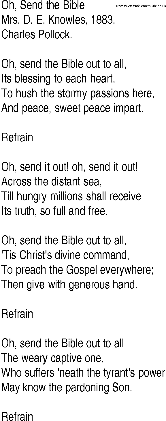 Hymn and Gospel Song: Oh, Send the Bible by Mrs D E Knowles lyrics