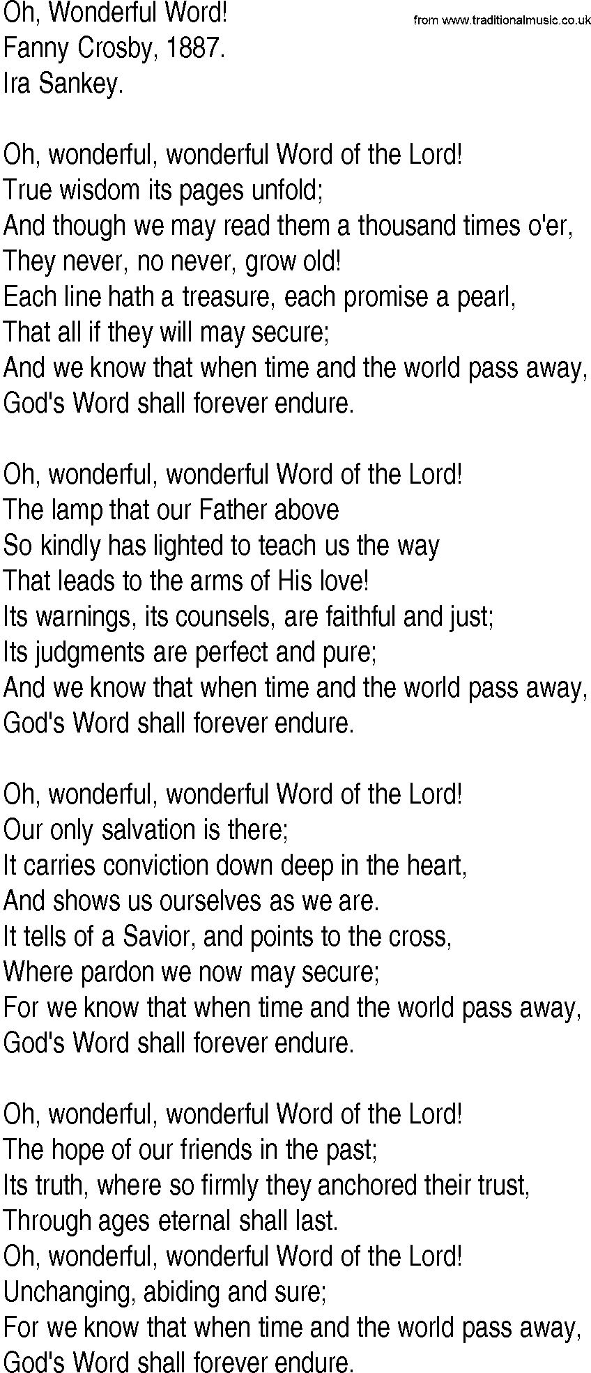 Hymn and Gospel Song: Oh, Wonderful Word! by Fanny Crosby lyrics