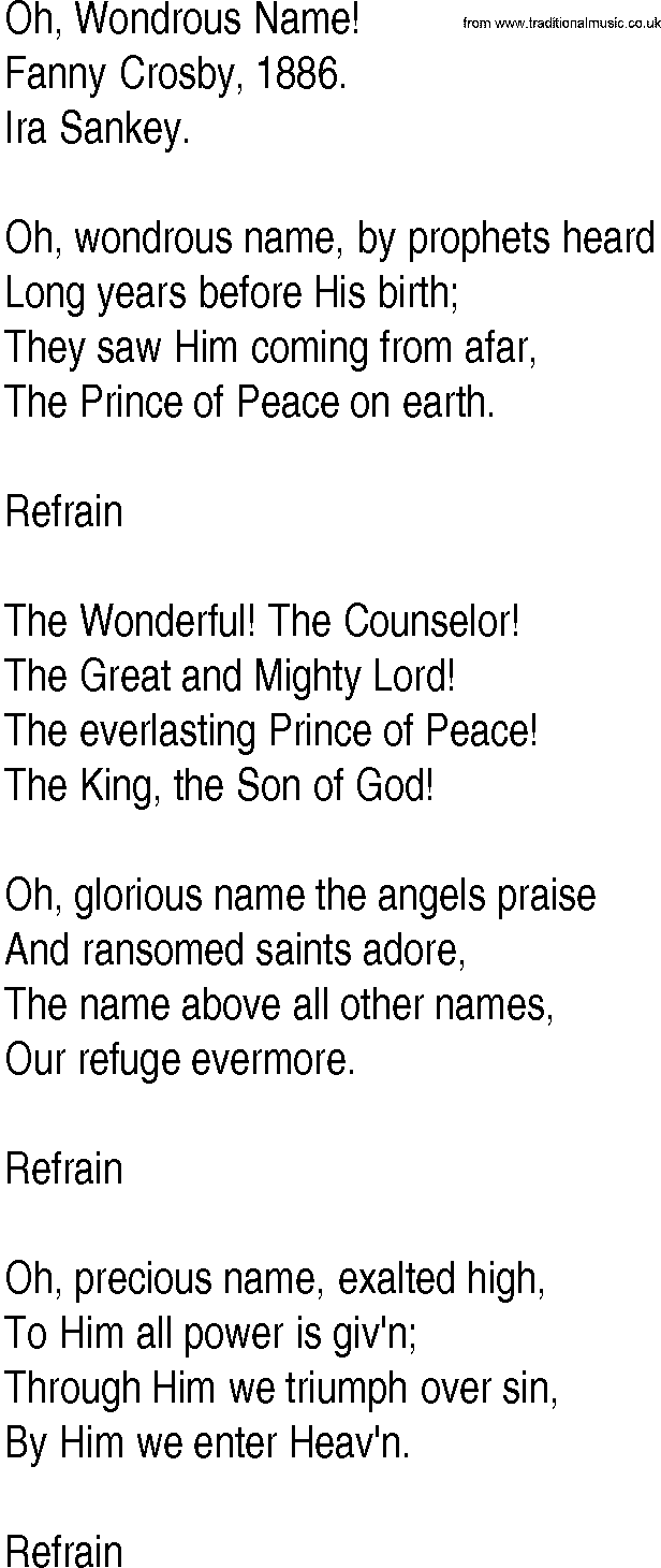 Hymn and Gospel Song: Oh, Wondrous Name! by Fanny Crosby lyrics