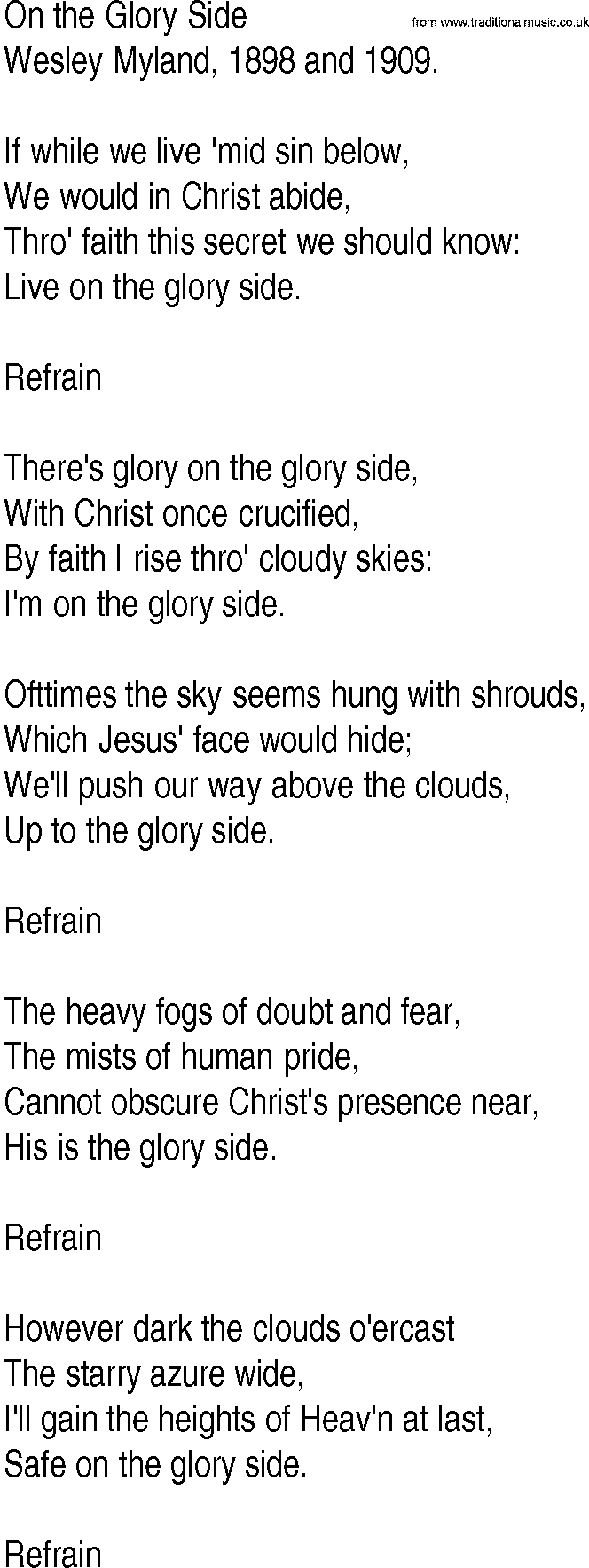 Hymn and Gospel Song: On the Glory Side by Wesley Myland  and lyrics