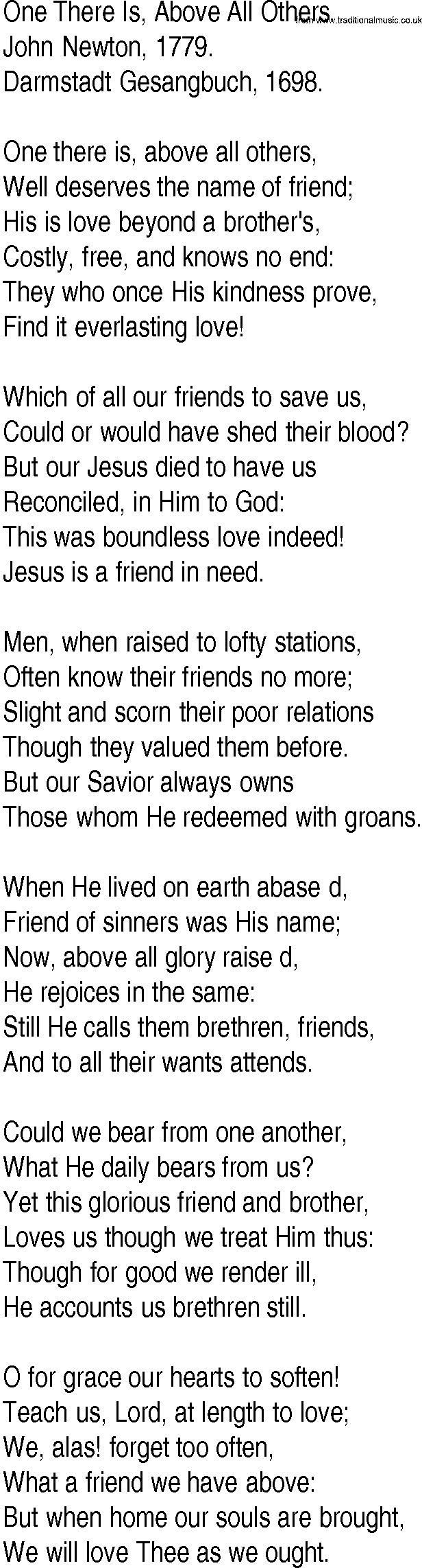 Hymn and Gospel Song: One There Is, Above All Others by John Newton lyrics