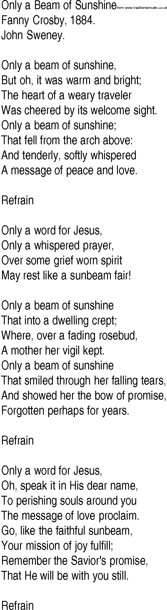 Hymn and Gospel Song: Only a Beam of Sunshine by Fanny Crosby lyrics