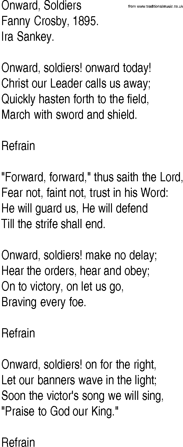 Hymn and Gospel Song: Onward, Soldiers by Fanny Crosby lyrics