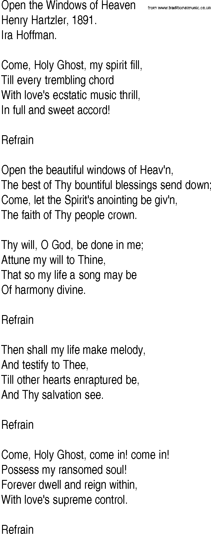 Hymn and Gospel Song: Open the Windows of Heaven by Henry Hartzler lyrics