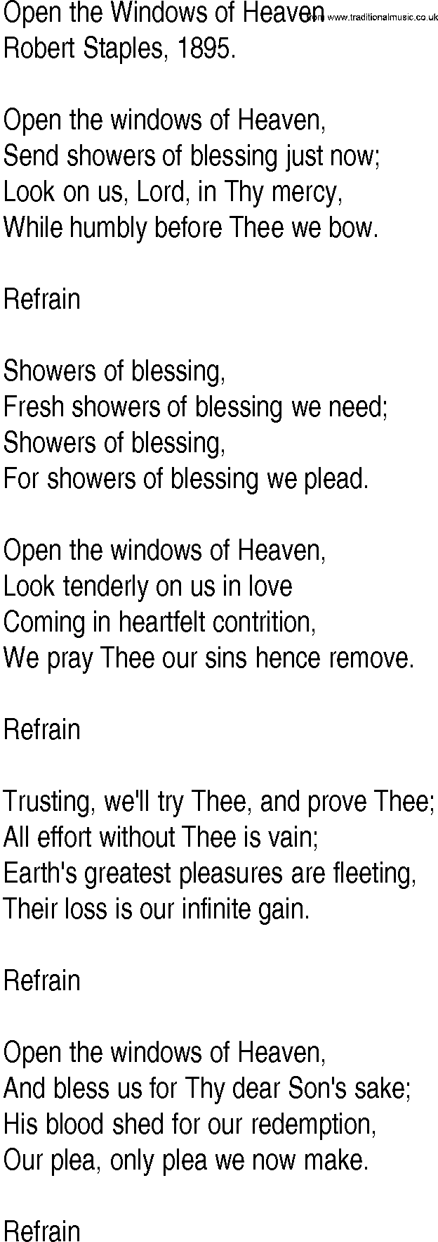 Hymn and Gospel Song: Open the Windows of Heaven by Robert Staples lyrics