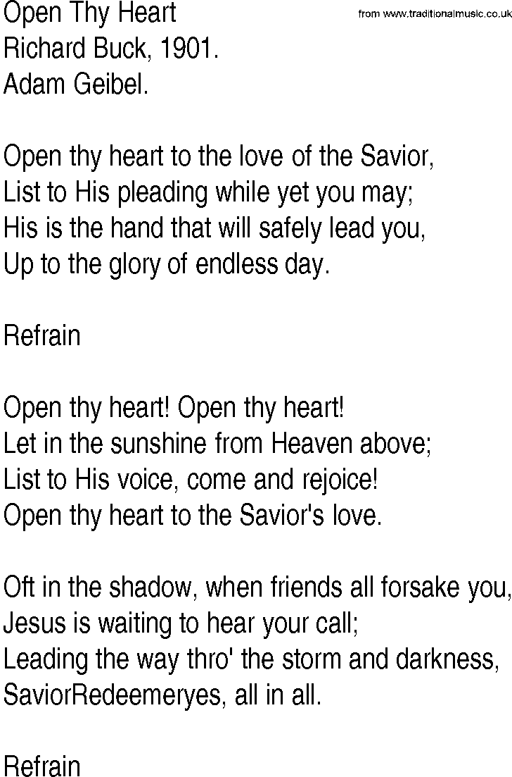 Hymn and Gospel Song: Open Thy Heart by Richard Buck lyrics