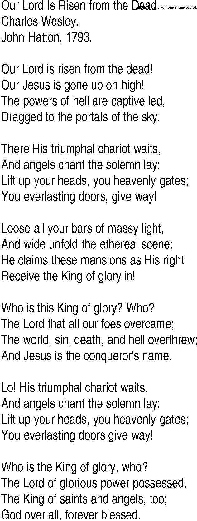 Hymn and Gospel Song: Our Lord Is Risen from the Dead by Charles Wesley lyrics