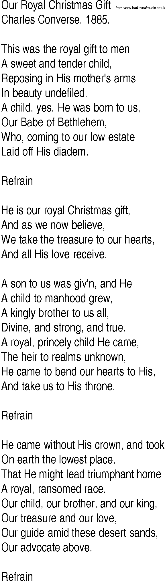 Hymn and Gospel Song: Our Royal Christmas Gift by Charles Converse lyrics