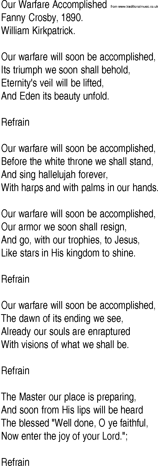 Hymn and Gospel Song: Our Warfare Accomplished by Fanny Crosby lyrics