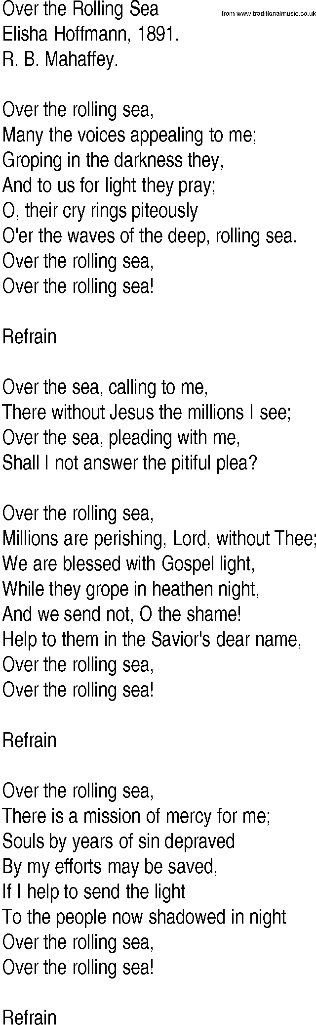 Hymn and Gospel Song: Over the Rolling Sea by Elisha Hoffmann lyrics