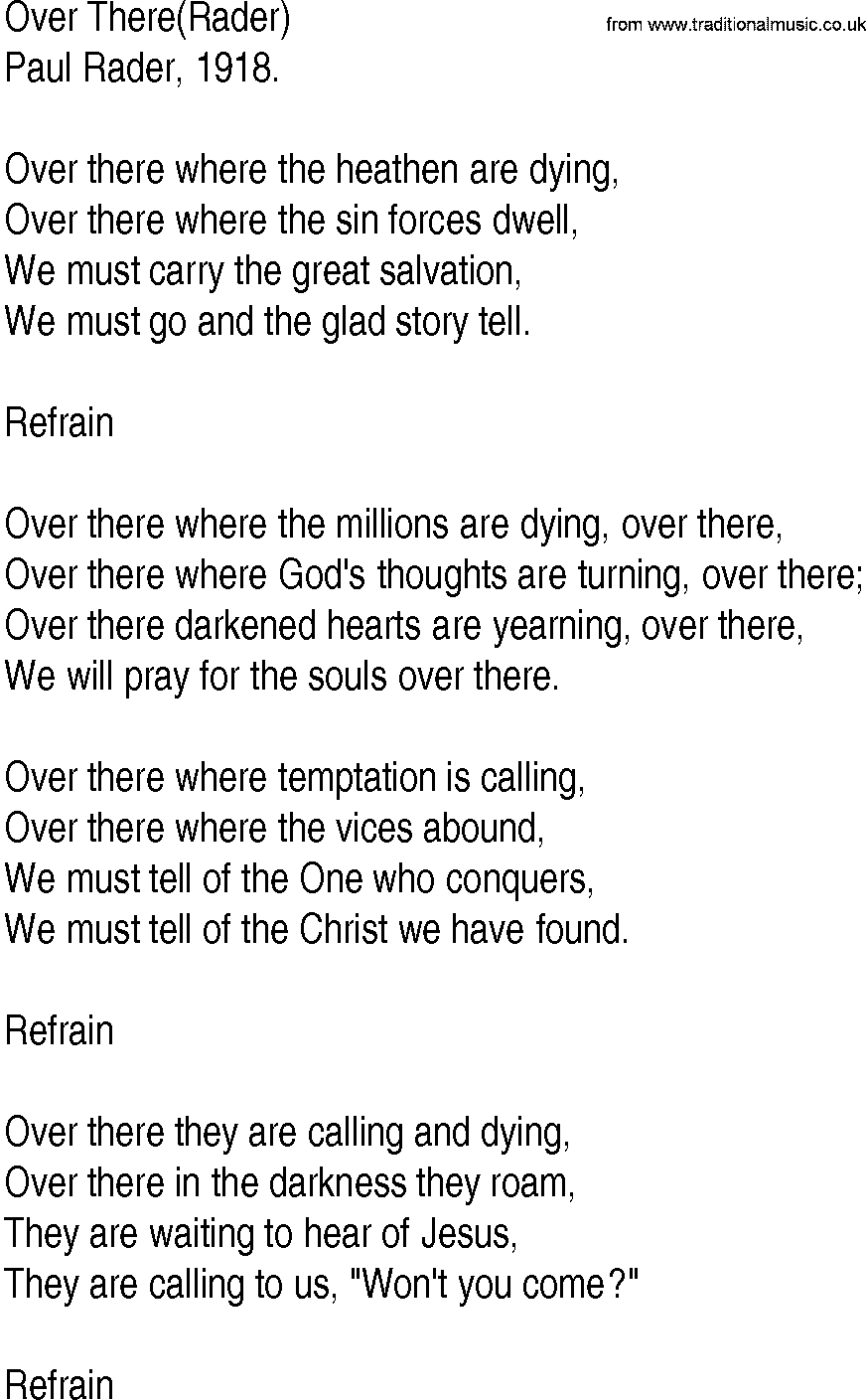 Hymn and Gospel Song: Over There(Rader) by Paul Rader lyrics