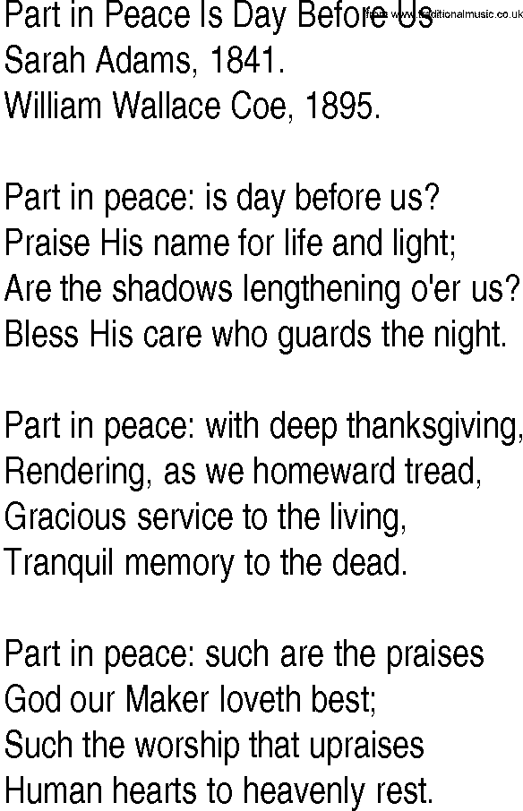 Hymn and Gospel Song: Part in Peace Is Day Before Us by Sarah Adams lyrics
