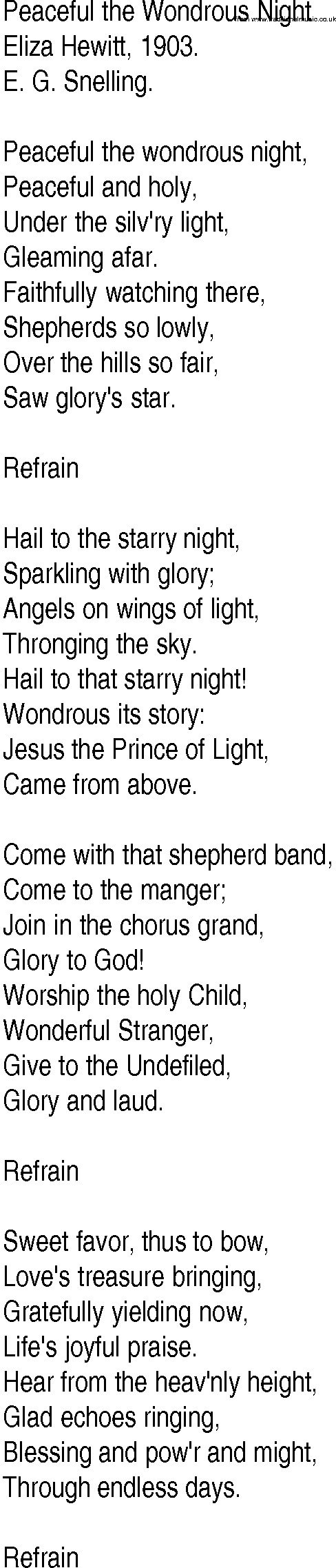 Hymn and Gospel Song: Peaceful the Wondrous Night by Eliza Hewitt lyrics