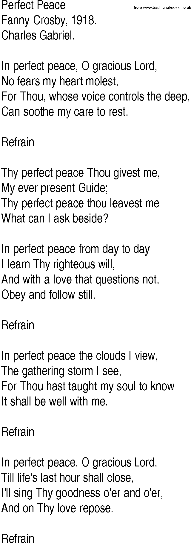 Hymn and Gospel Song: Perfect Peace by Fanny Crosby lyrics