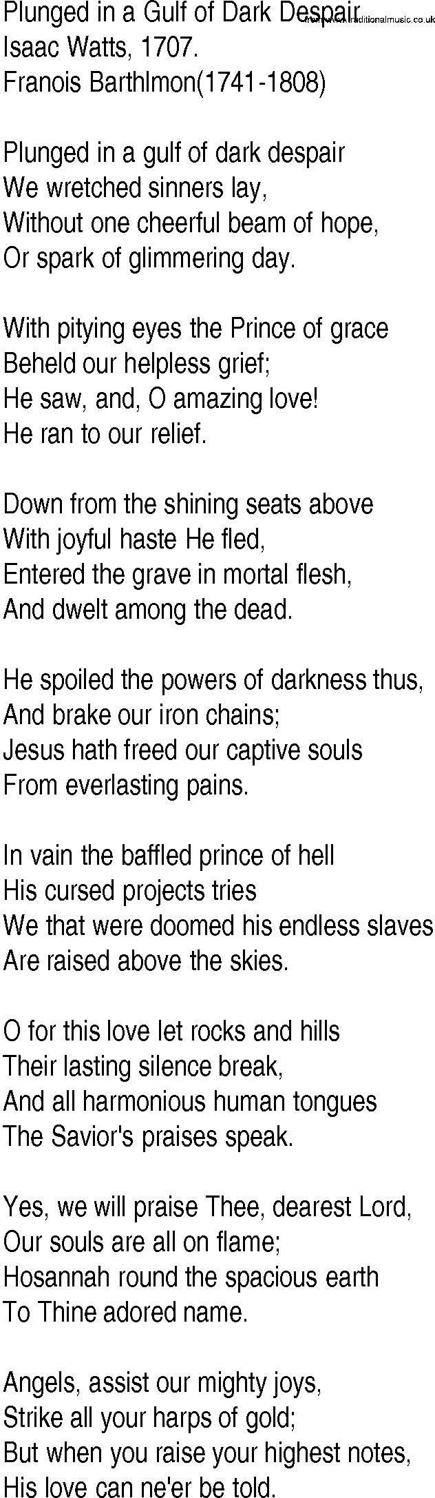 Hymn and Gospel Song: Plunged in a Gulf of Dark Despair by Isaac Watts lyrics