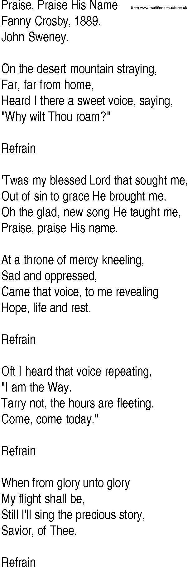 Hymn and Gospel Song: Praise, Praise His Name by Fanny Crosby lyrics
