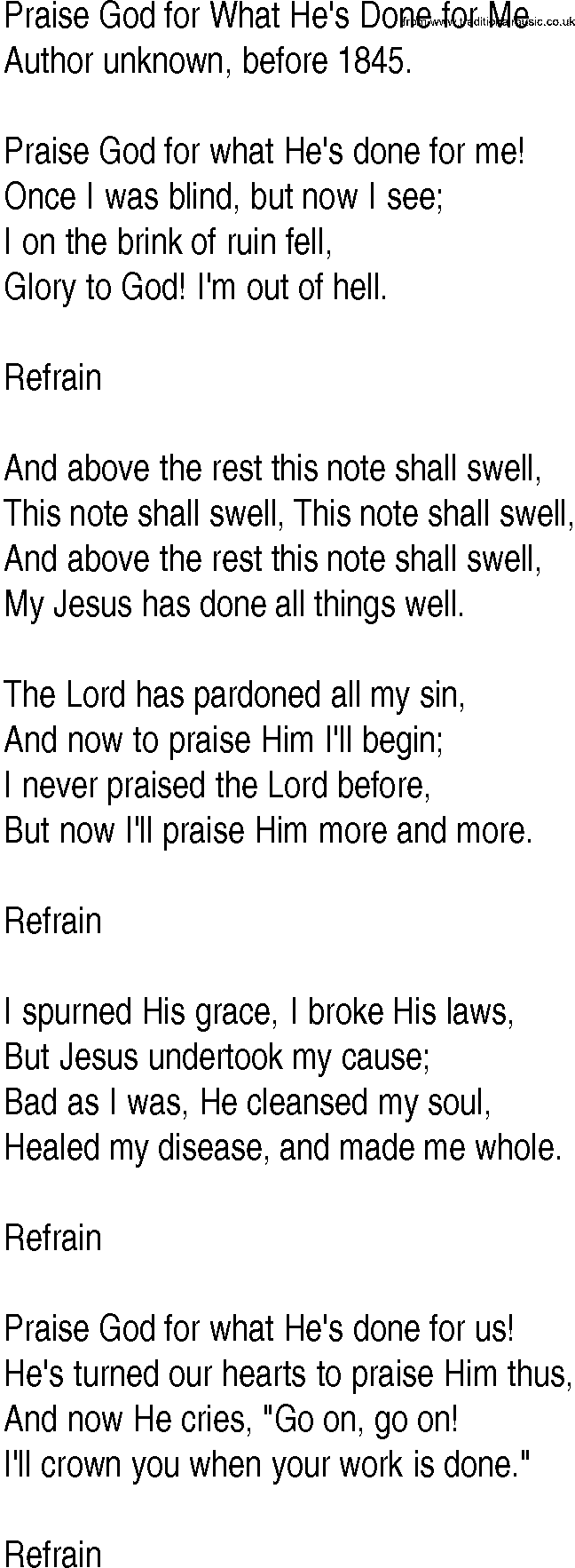 Hymn and Gospel Song: Praise God for What He's Done for Me by Author unknown before lyrics